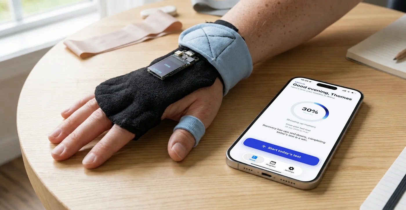 The Equilim wearable sensor on a hand wrap next to the patient app on an iPhone