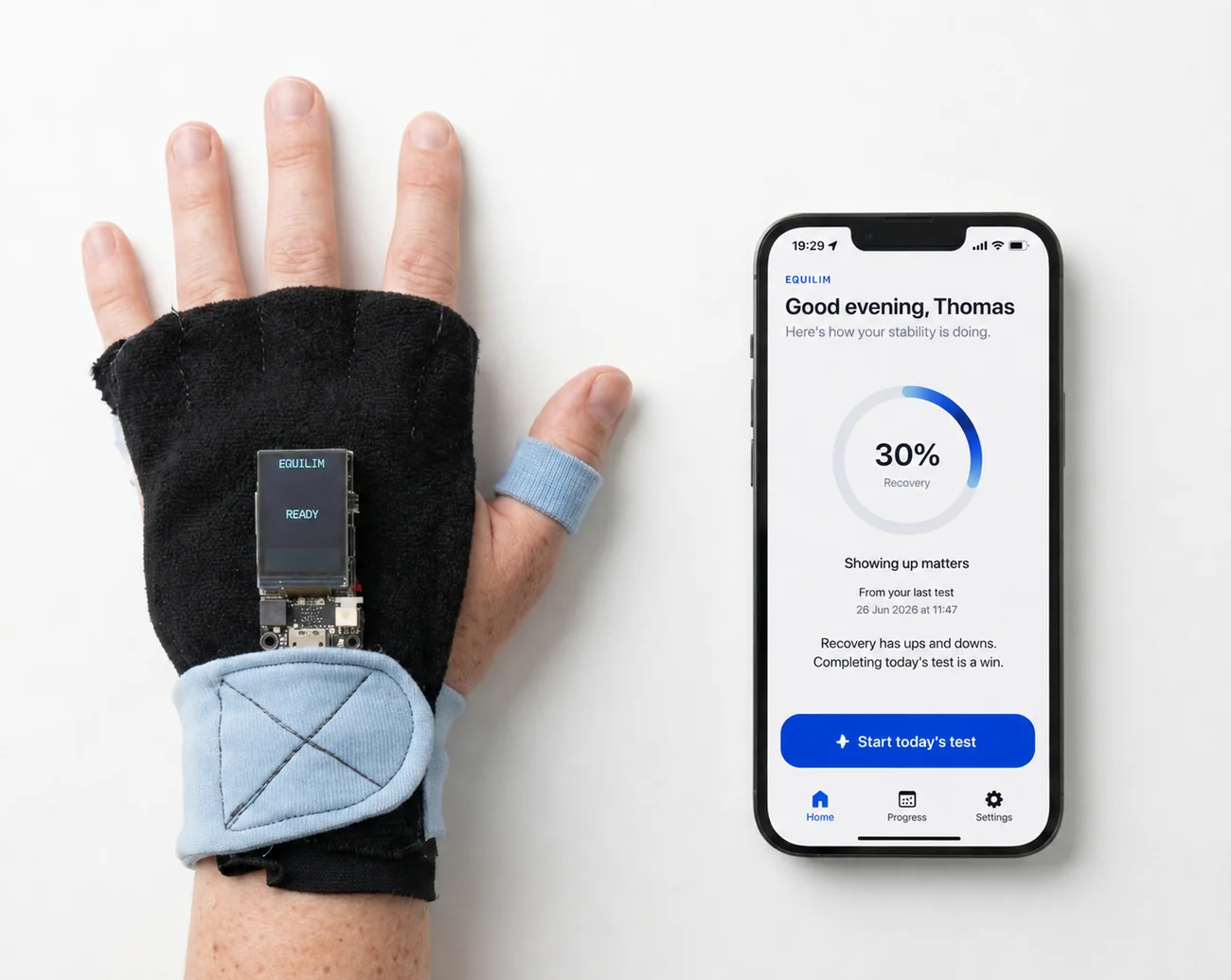 The patient Home screen next to the body-worn sensor