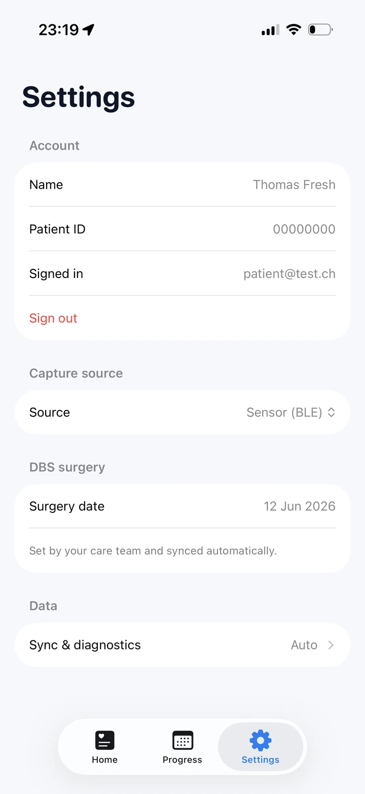 Patient app Settings screen