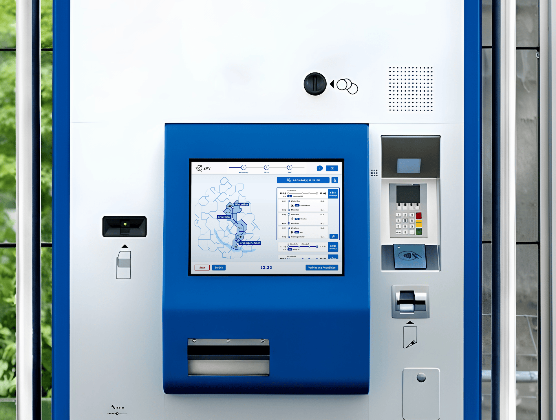 A blue ticket vending machine with a map on the screen.